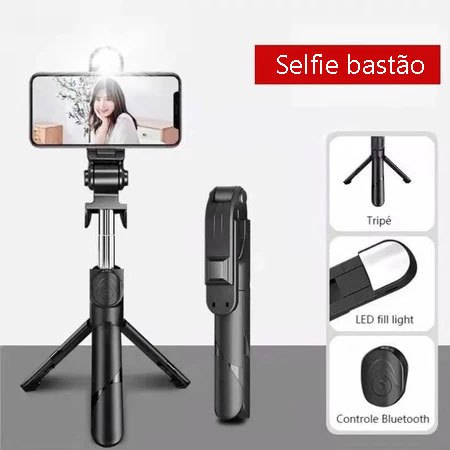 Bastão Pau de selfie Tripé Retrátil Com Luz LED Controle Bluetooth Celular