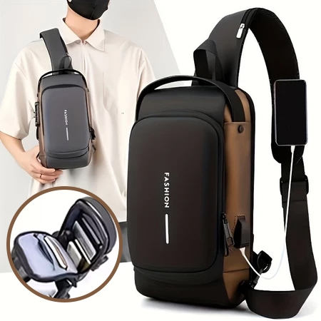 Mochila de Ombro Transversal Compacta Unilateral USB Trava de Código Resistente água