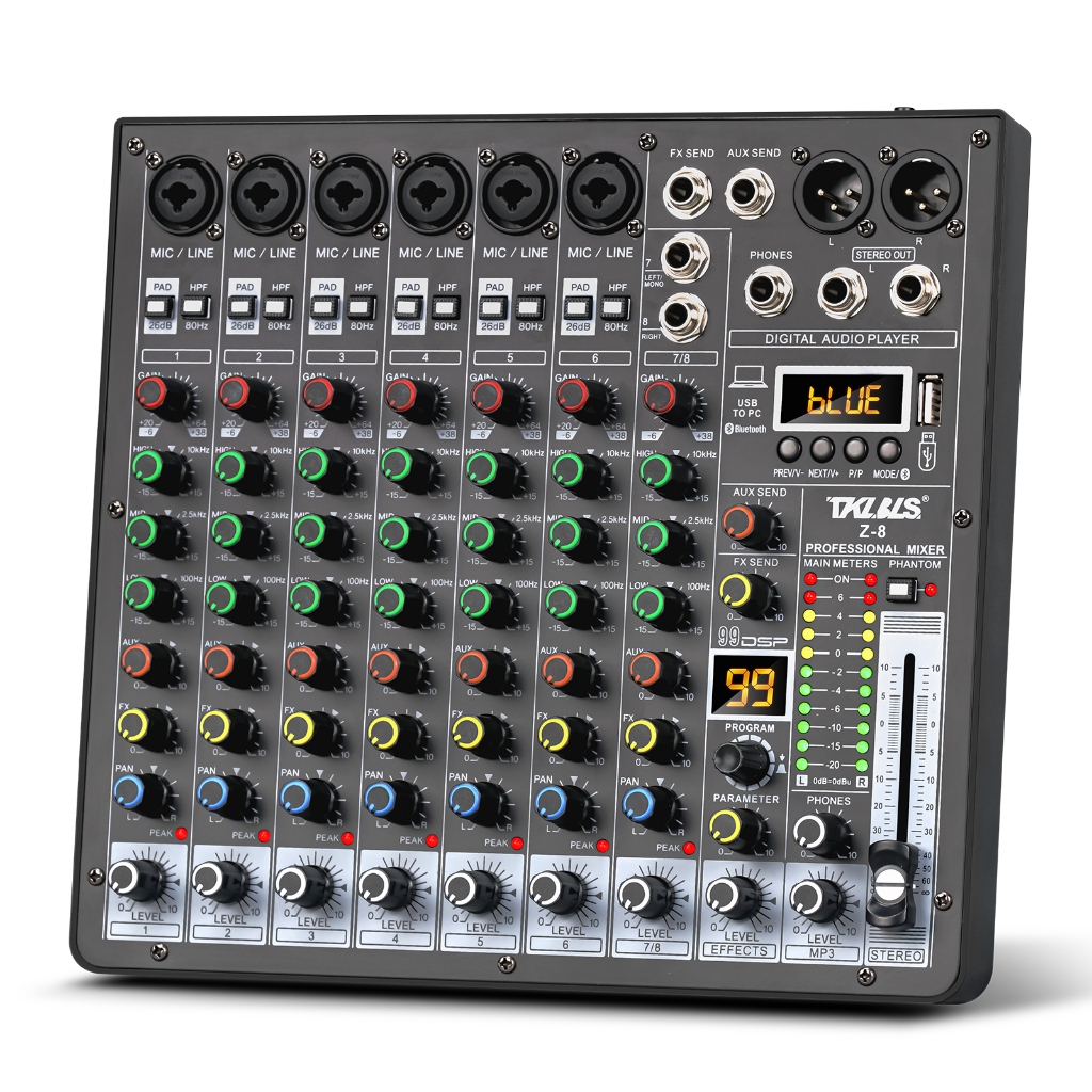 Mesa de Som 8 canais Interface 99 DSP bluetooth usb Computador 48V Potência Fantasma Áudio TKLBLS
