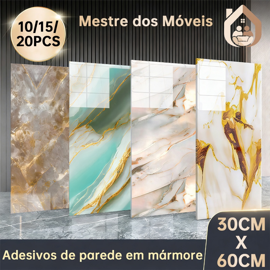 10/15/20PC Adesivos de Parede 60x30 Revestimento em Mármore Placas Adesivas Banheiro Cozinha Lavabo Cerâmica