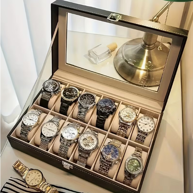 Estojo Porta Relógio 12/6 Nichos Couro Sintetico Organizador de Joias e Bijuterias