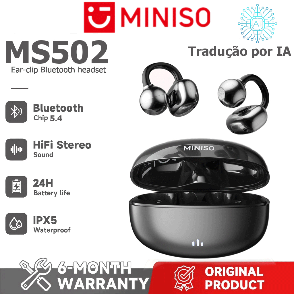 MINISO MS502 Fone de ouvido para tradução de idiomas AI Fone de ouvido Bluetooth sem fio OWS Suporta 135 Fones de ouvido