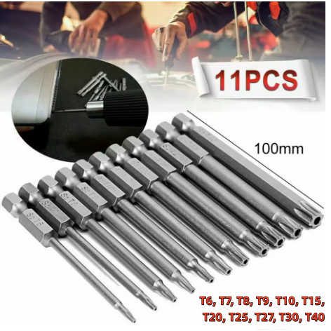 kit 11 chaves bits torx 100mm compatíveis com parafusadeiras, chaves manuais e elétricas