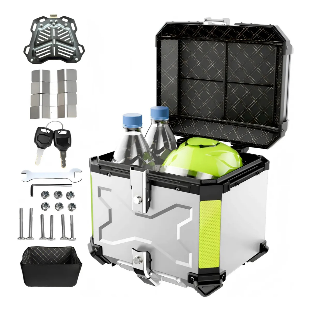 Baú De Aluminio 45l Reforçado C/base De Suporte Fixação Prateado