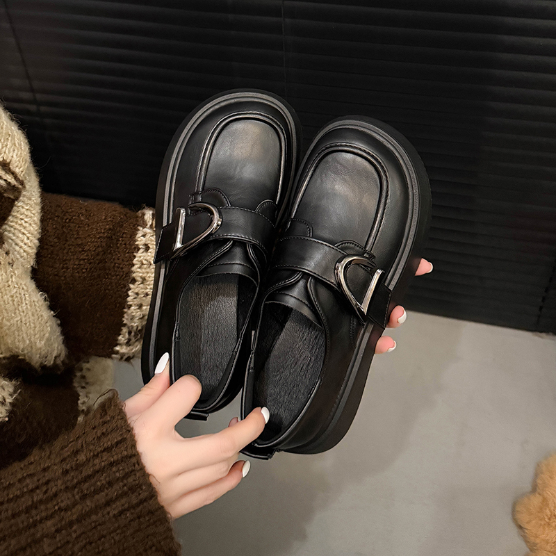 Mocassins Femininos De Couro Com Plataforma Nova – Estilo Britânico Retrô Slip-On , Sapatos Pretos Versáteis Primavera O