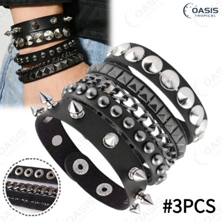 Pulseira de Couro com Pontas e Prego-3Peças Layered Punk Rock - Acessório Feminino/Masculino