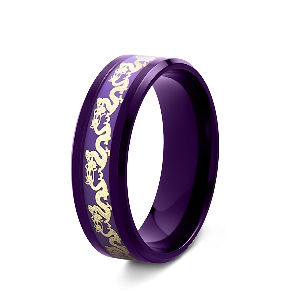 Fedsolife Anel masculino incrustado com padrão de dragão Phoenix roxo titânio aço nove ignição roxa