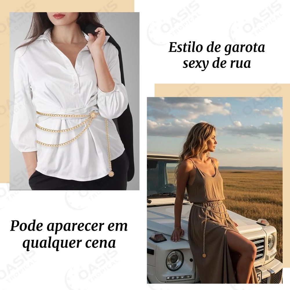 Cinto Chain Feminino 2 Cores (Dourado & Prateado) - 3 Camadas Layered - Acessório Chic-DY