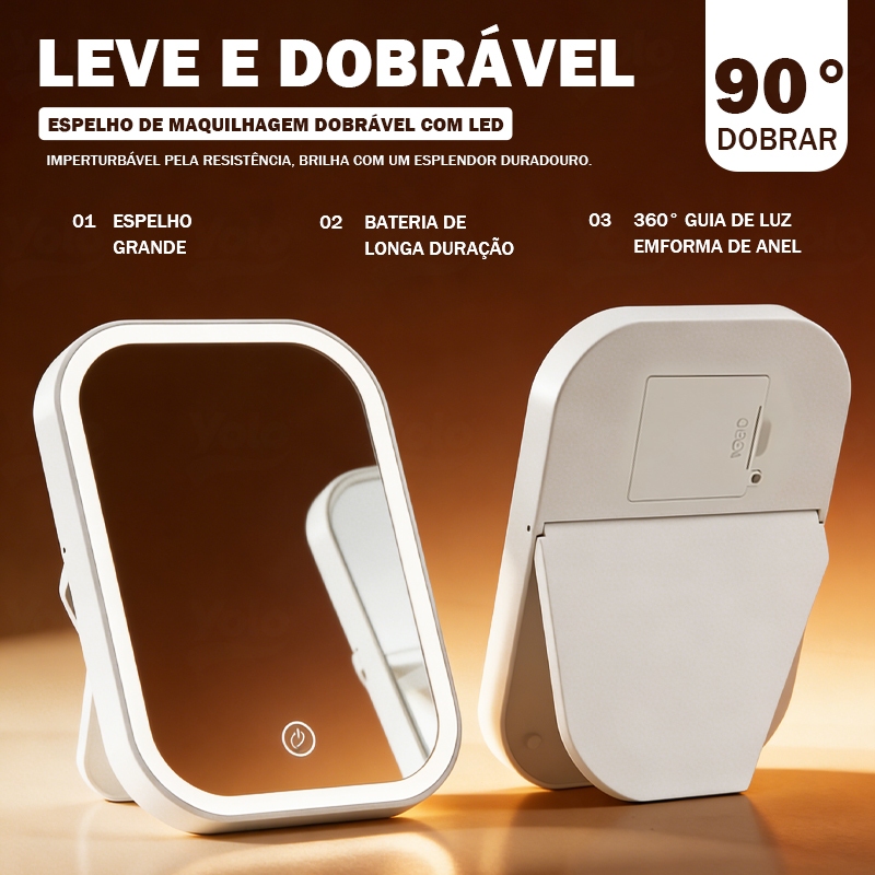 Espelho de Mesa com LED e Botão Touch – Iluminado, Portátil, Ideal para Maquiagem e Penteadeira