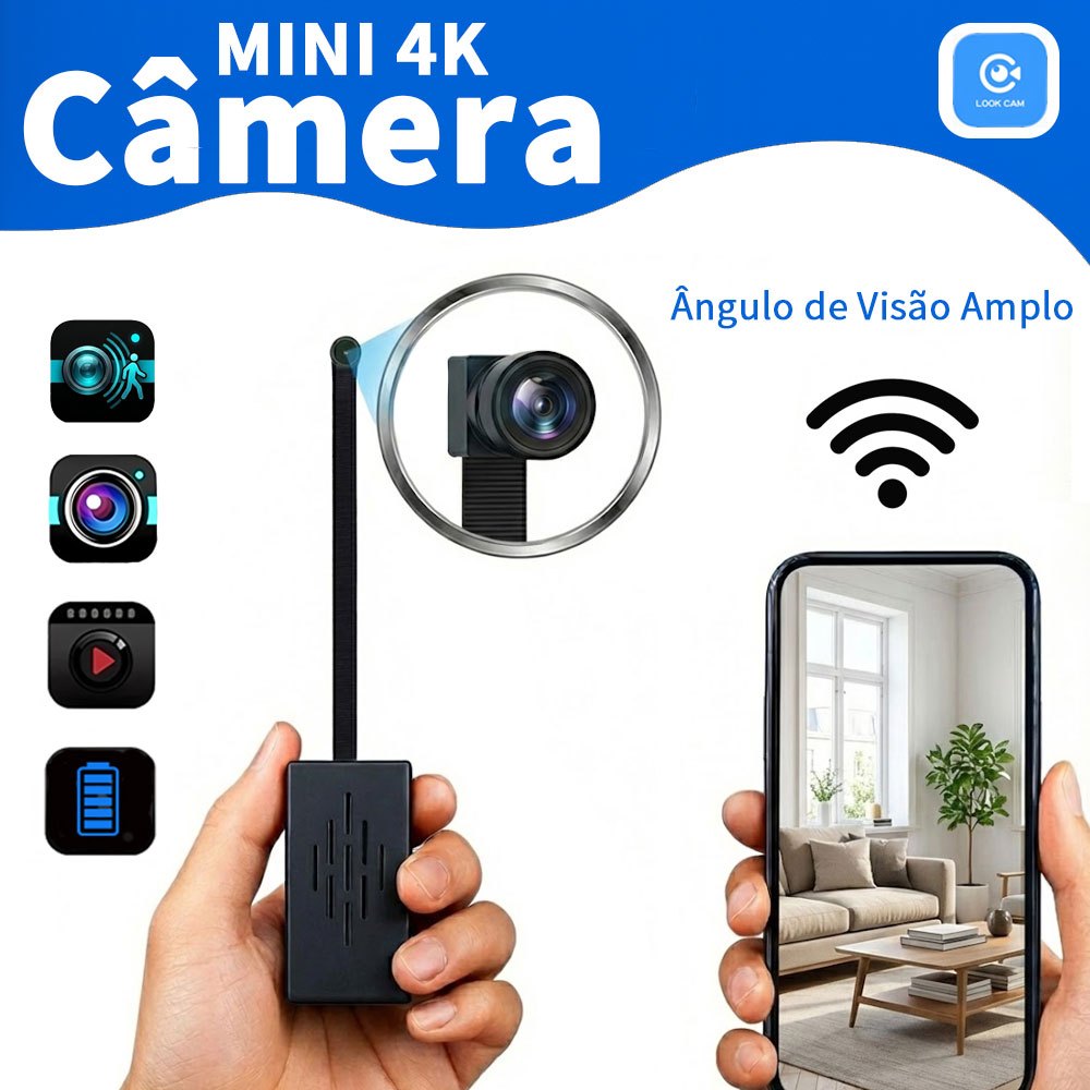 Lookcam 4K UHD Mini Câmera Segurança WiFi Sem Fio Bateria Interna Monitoramento Remoto Sensor de Mov