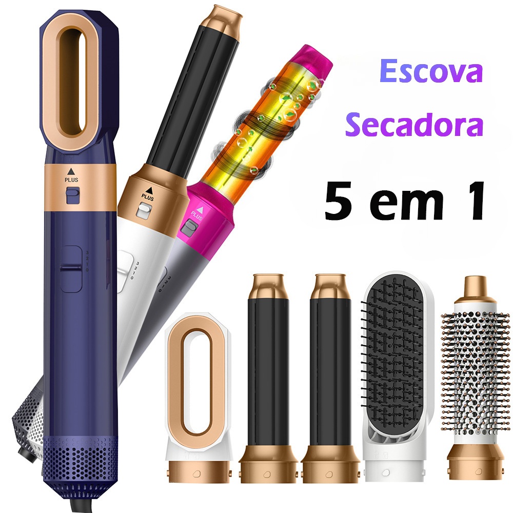Escova Secadora e Alisadora 5 em 1 Escova Modeladora 220V / 110V Modelador de Cachos Automatico