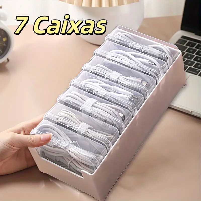 Conjunto Organizador de Cabos de Plástico Com 7 Caixas de Armazenamento Transparentes