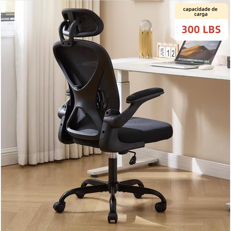 Cadeira de escritório ergonômica com apoio de cabeça rebatível, suporte lombar, base giratória de 360° e altura ajustáve