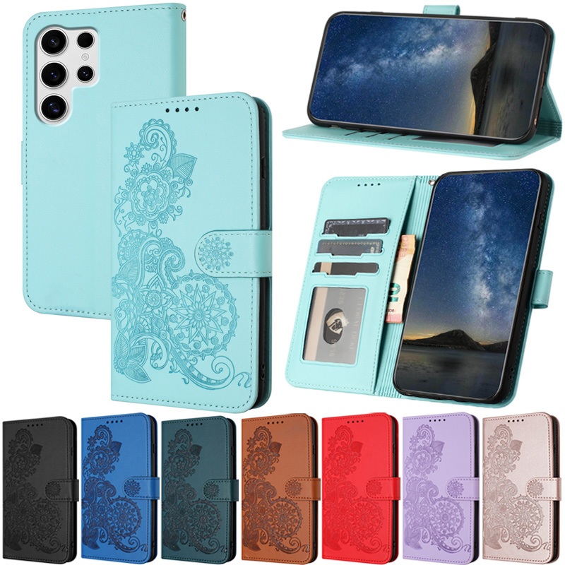 Capa De Luxo Para Samsung Galaxy S25 FE S24 Ultra S23 S24 S25 Plus S24 S25 Edge Flowers Carteira Slot Cartão Pele Couro