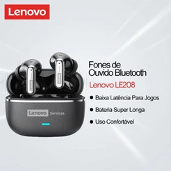 Fones de Ouvido para Jogos Lenovo LE208 e Fones Bluetooth com Baixa Latência e Som HiFi com Bateria de Longa Duração