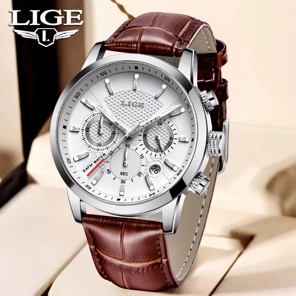 LIGE Homens Relógio Moda Esporte Relógio De Quartzo Dos Homens Relógios Marca De Couro Relógio Negócio À Prova D 'Água