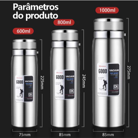 Garrafa 1000ml Inox Térmica Com Infusor Prata De Água Café Parede Dupla Com Alça-Para em Oferta na Shopee