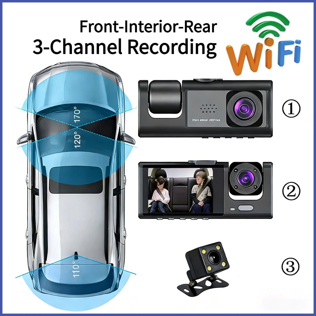 WIFI Registro De Condução De Carro monito 3 lentes DVR HD 1080P 24h Primeiro Plano , interior E Visão Traseira