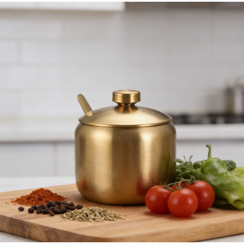Açucareiro de aço inoxidável dourado com colher e tampa, grande capacidade para armazenar ...