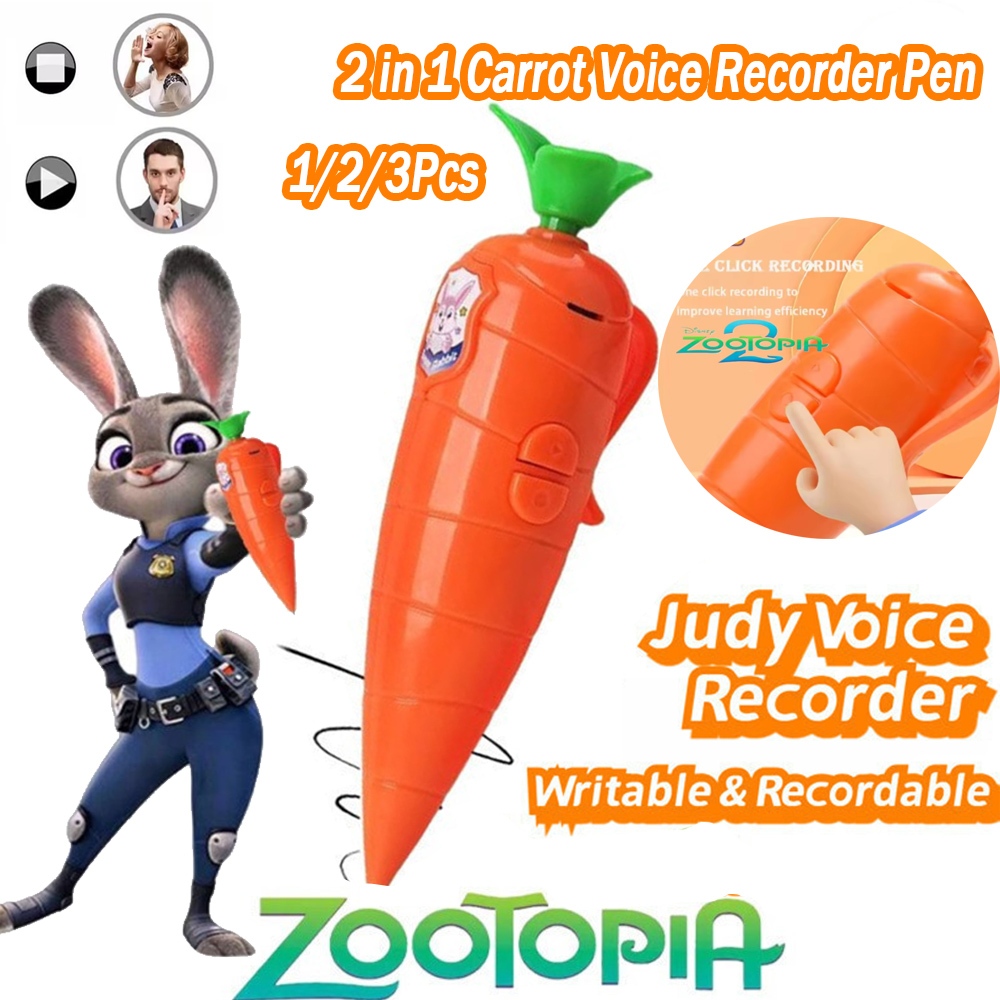 3 Pçs 2 Em 1 Cenoura Gravador De Voz Caneta 60 Segundos Zootopia Som Eletrônico Brinquedo Pode Escrever Graffiti Esferog em Oferta na Shopee