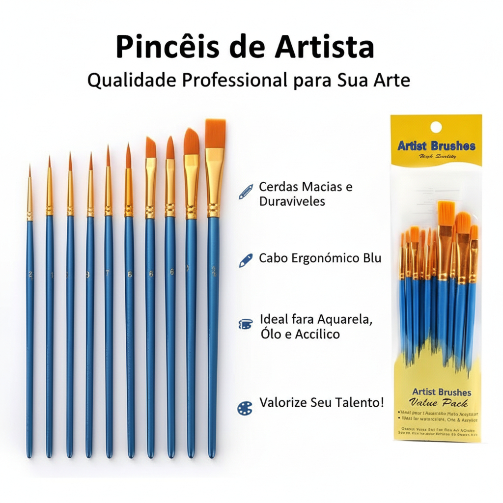 Kit com 10 Pincéis Artísticos para Pintura Cerdas Macias Resistentes Aquarela Óleo Guache Acrílica
