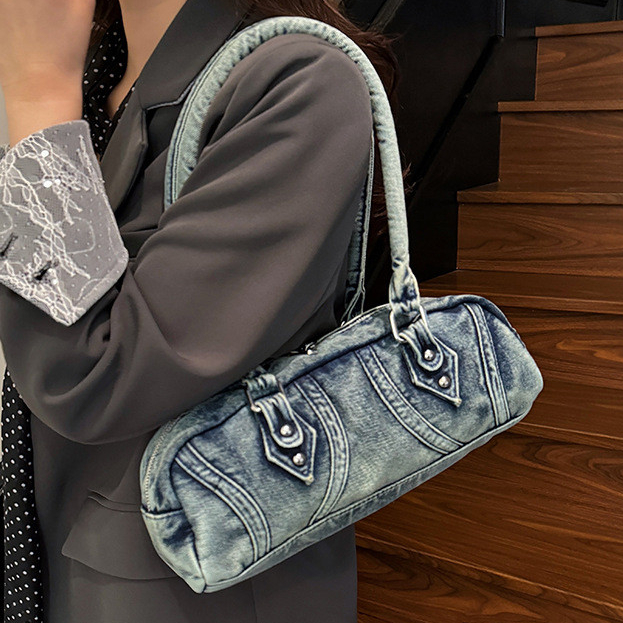 Bolsa baguete jeans novo estilo bolsa de boliche jeans lavada feminina bolsa de um ombro nas axilas
