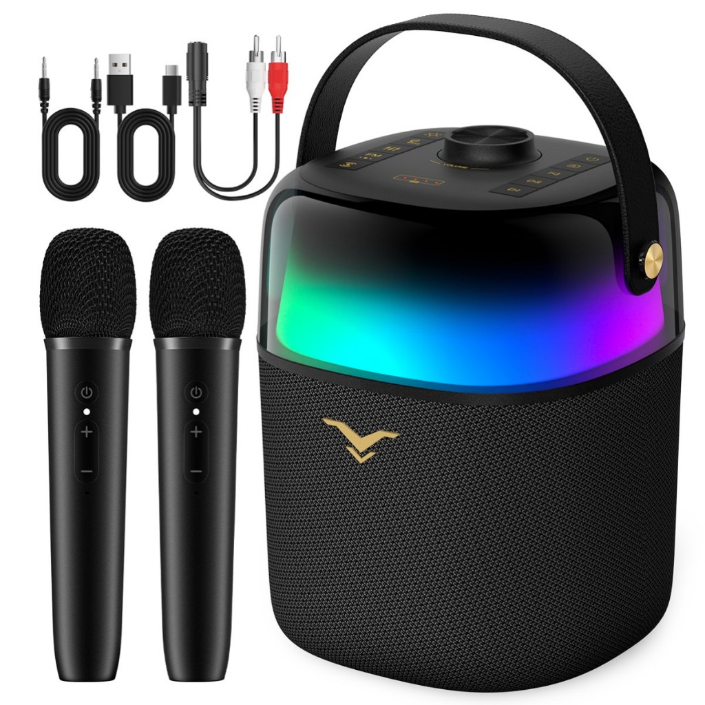 StageSound Partybox Karaokê 80W com 2 Microfones Sem Fio, LED 360°, Bluetooth, 12H Bateria, IPX5