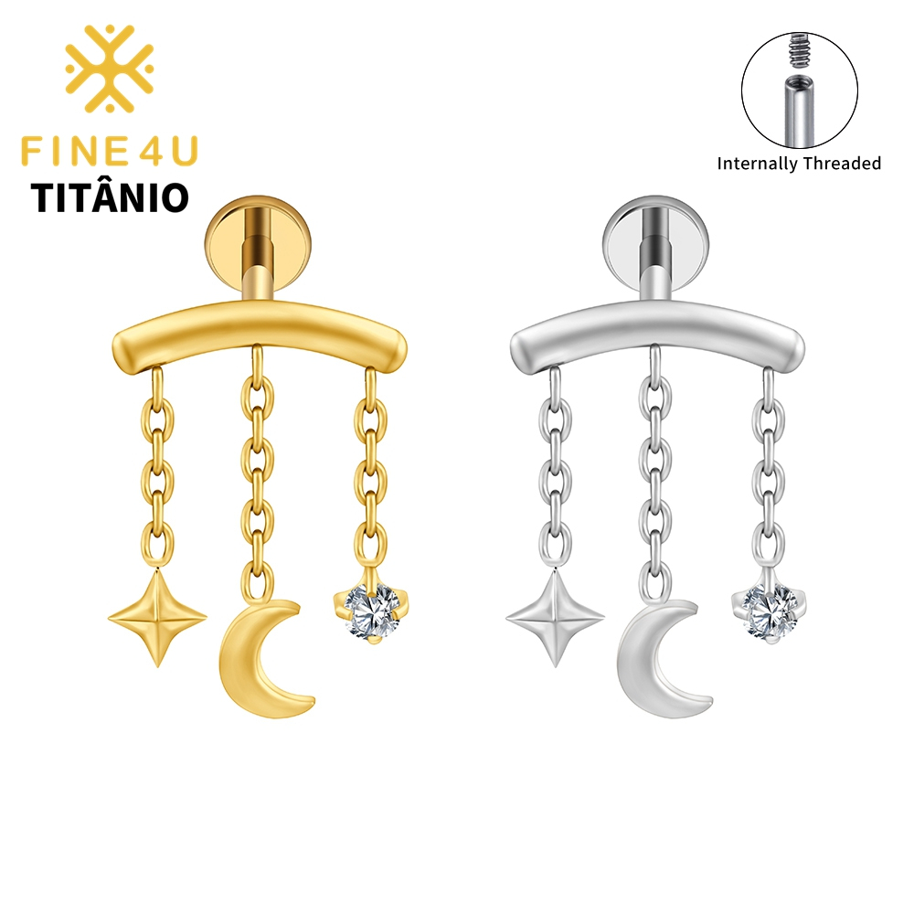 FINE4U Piercing Tripla Pingente com Estrela e Lua 100% Titânio Hipoalergênico Lóbulo Helix - 1PCS