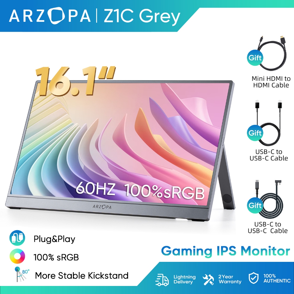 Arzopa Z1C Cinza-Monitor Portátil Com Suporte 100 % sRGB De 16.1 " , 1080P FHD Tela De Extensão De USB C HDMI Para PC ,
