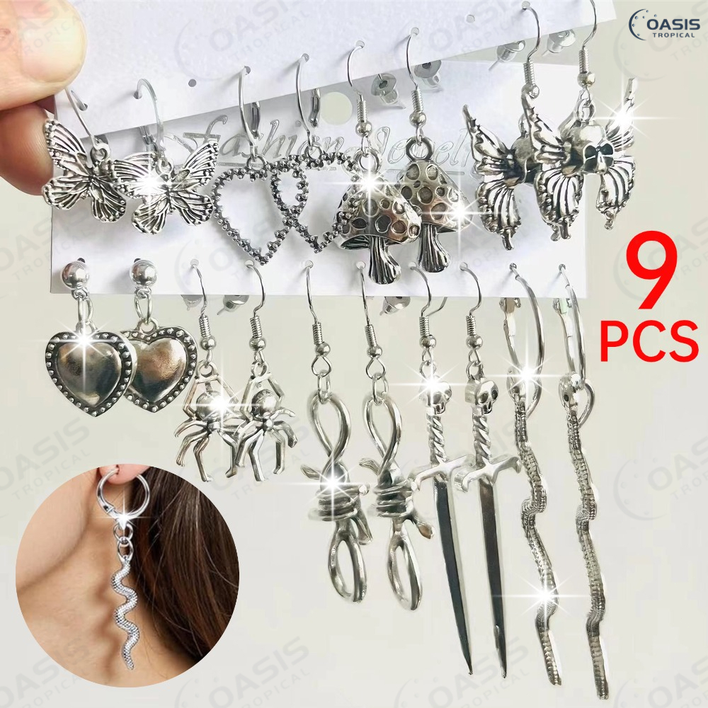 Kit com 9 Pares de Brincos Vintage Dark: Estilo Subcultura Y2K Gótico — Elementos de Borboleta e Coração em Oferta na Shopee