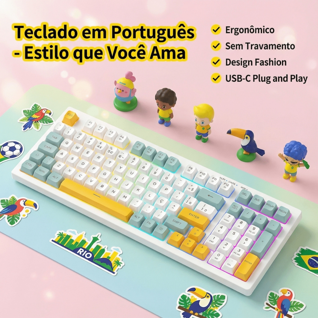 Teclado 99 Português Brasil, Design Bonito, Teclas Ergonômicas, USB-C Plug & Play