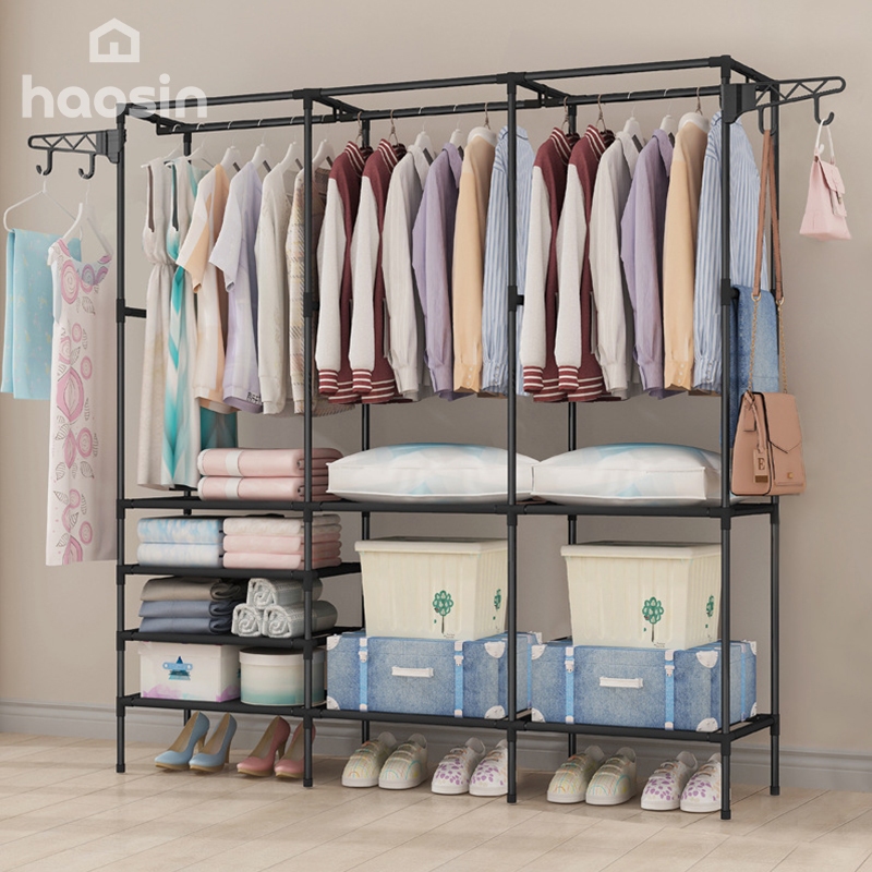 Arara De Roupa Cabideiro De Chão Sapateira Rack Organizador Multiuso Aço Inox Preto Guarda Roupa Portátil