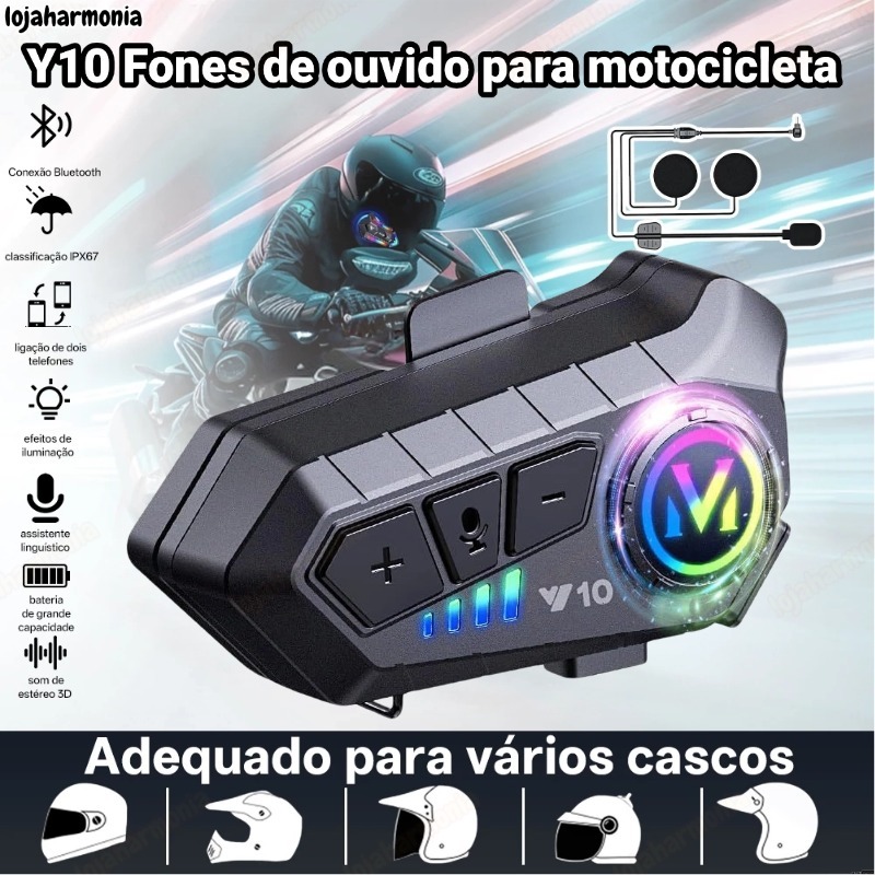 Y10 Fone para Capacete de moto Com Luz Ambiente Bluetooth 5.3 Para Capacete Ipx6 À Prova D'água Para Motociclet em Oferta na Shopee