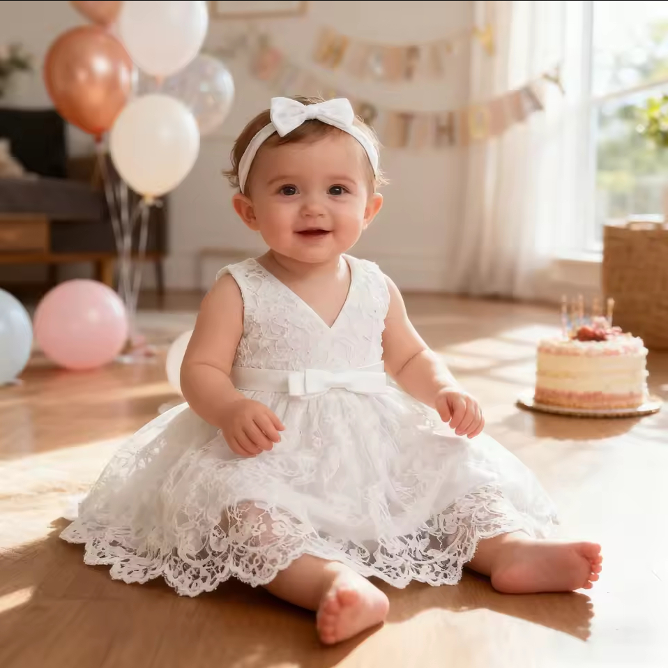 1 Ano Vestido Infantil de Festa com Laço vestido batizado menina em Oferta na Shopee