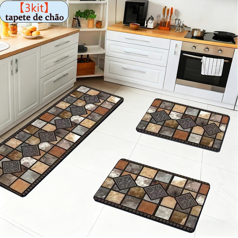 Kit 3 peças Tapete Para Cozinha e Banheiro Super Absorvente Antiderrapante Fácil Lavagem