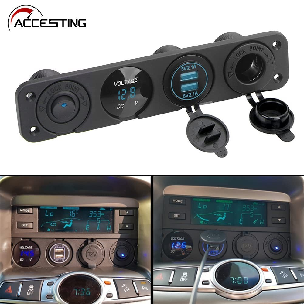 Painel De Tomada Do Carregador 4 Em 1 2.1A + 2.1A USB Dupla + Voltímetro LED + 12V + Interruptor Liga-Desliga Controle P