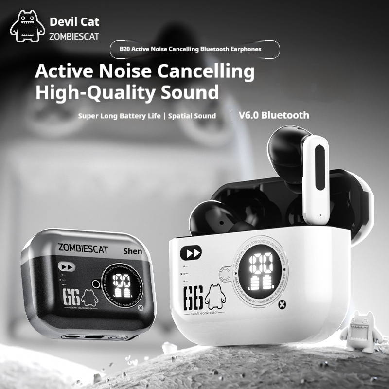 Fones de Ouvido ZOMBIESCAT B20 Bluetooth 6.0, Fones de Ouvido Sem Fio com Cancelamento Ativo de Ruído, Baixa Latência,