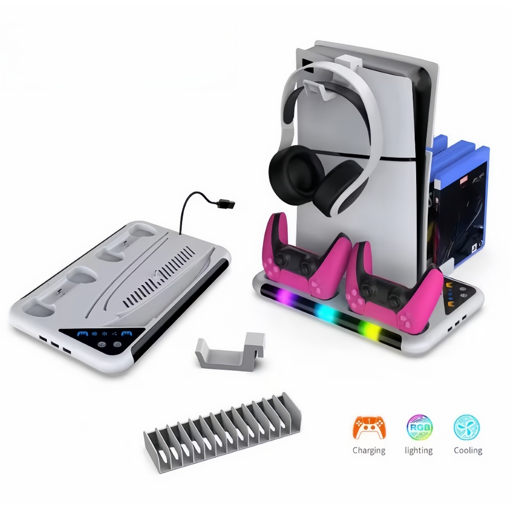 Base Cooler Para Ps5 Slim Fat Carregador Suporte Controles Led Rgb