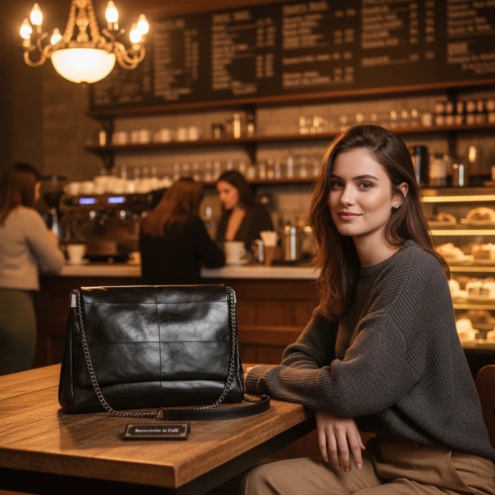 Bolsa de Ombro Feminina CHENXIAOH em PU - Grande Capacidade, Estilo Rock Preto, Bolsa com Aba e Design de Corrente para em Oferta na Shopee