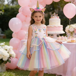 Conjunto de 3 peças de vestido de festa de aniversário de unicórnio para meninas em Oferta na Shopee