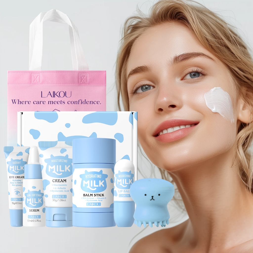 LAIKOU ✨ Conjunto De Leite Glowlaikou Rotina 5 Em 1 : Iluminar O Rosto + Olhos Depuff + Lábios Rechonchudos | Cuidado Co