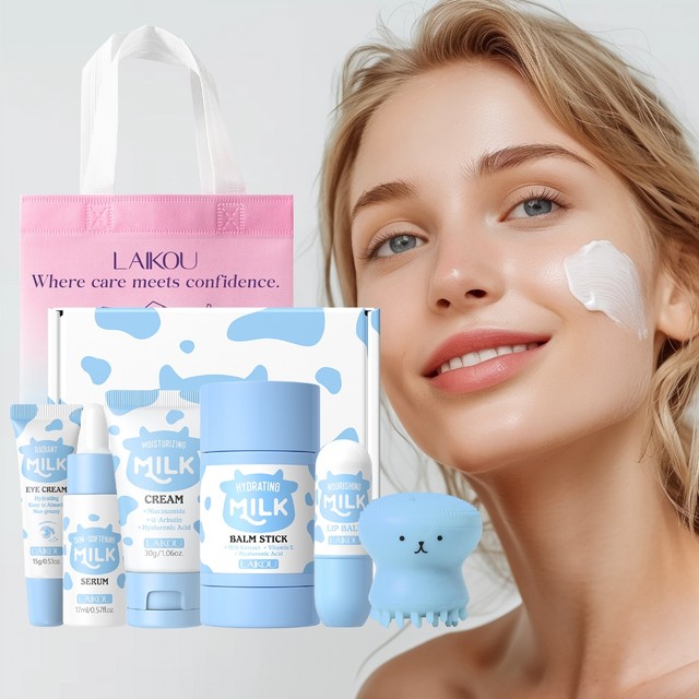 LAIKOU Conjunto De Leite Glowlaikou Rotina 5 Em 1 : Iluminar O Rosto + Olhos Depuff + Lábios Rechonchudos | Cuidado Co