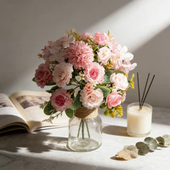 Buquê Flores Artificiais Peônia Rosa Realista Decoração Casa Casamento Planta Falsa Enfeite Seda Estética Quarto Mesa