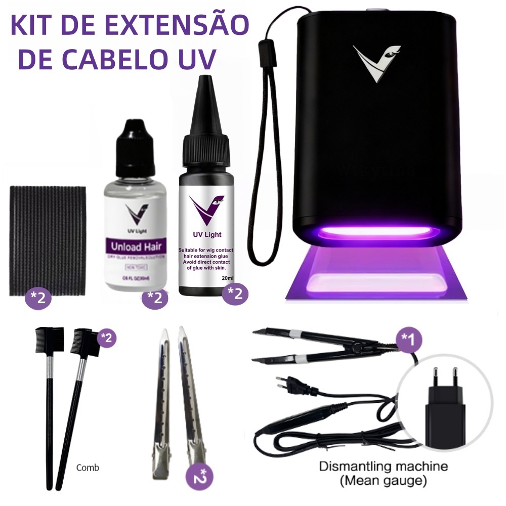 Kit V-Light Mega Hair Strand Da + Cola UV Invisível | Fixação De 5 Minutos + Cortador , Luz LED E Pinça Volume Instantân