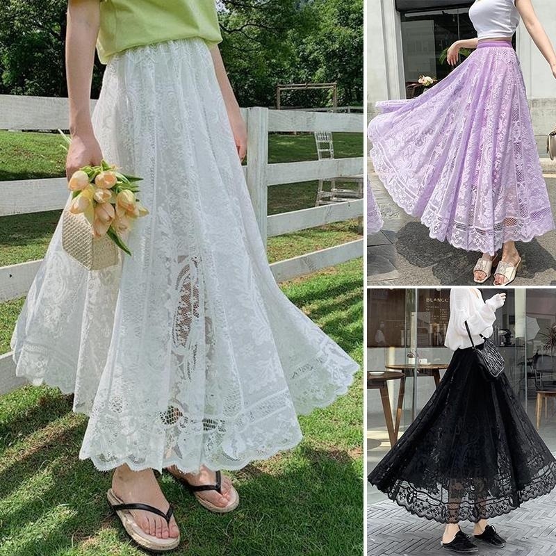 Saia Midi Tule Boho bordada Embroidery Renda De Babado Plissada Longas Saia Floral Estampada Saia Tule Bege Roxa Branco