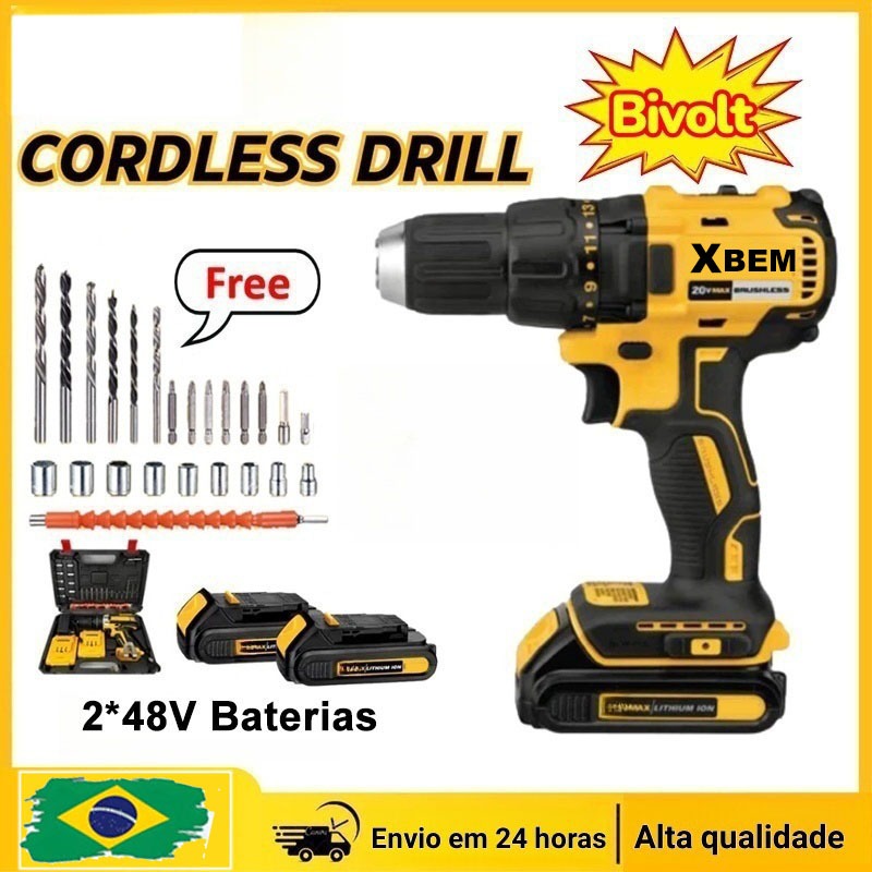Parafusadeira Furadeira 48V 2 Baterias Com Maleta e Acessórios Completo em Oferta na Shopee