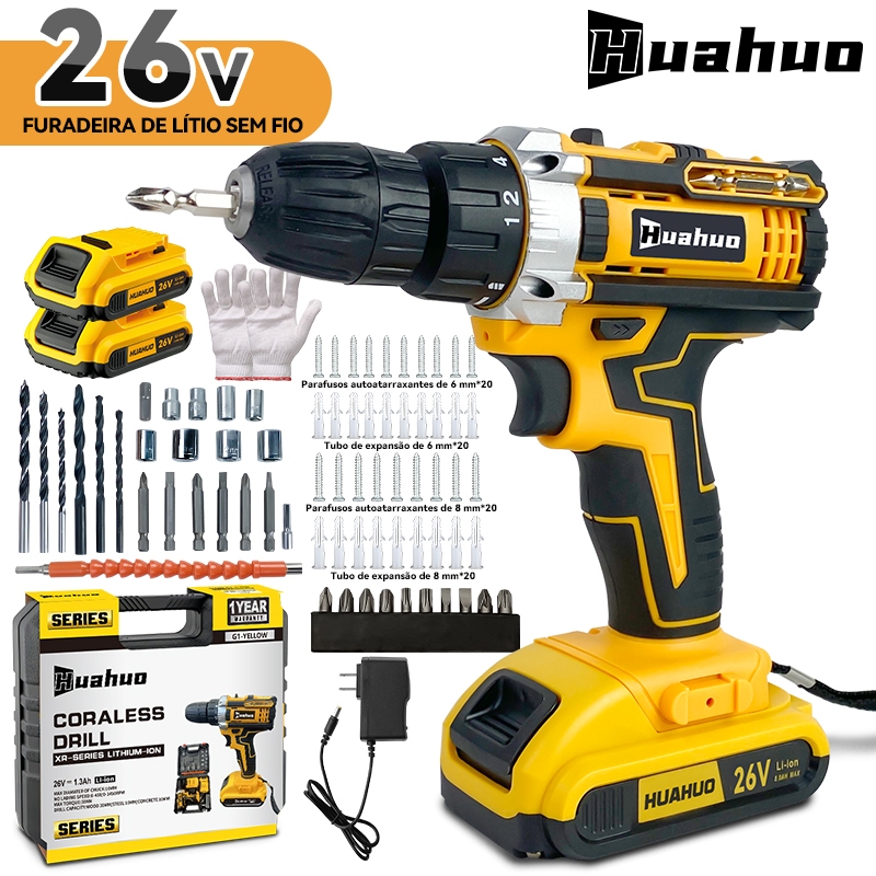 【110V/220V】Parafusadeira 26V 2 Baterias Sem Fio Com Impacto e Maleta Completa de Brocas. em Oferta na Shopee