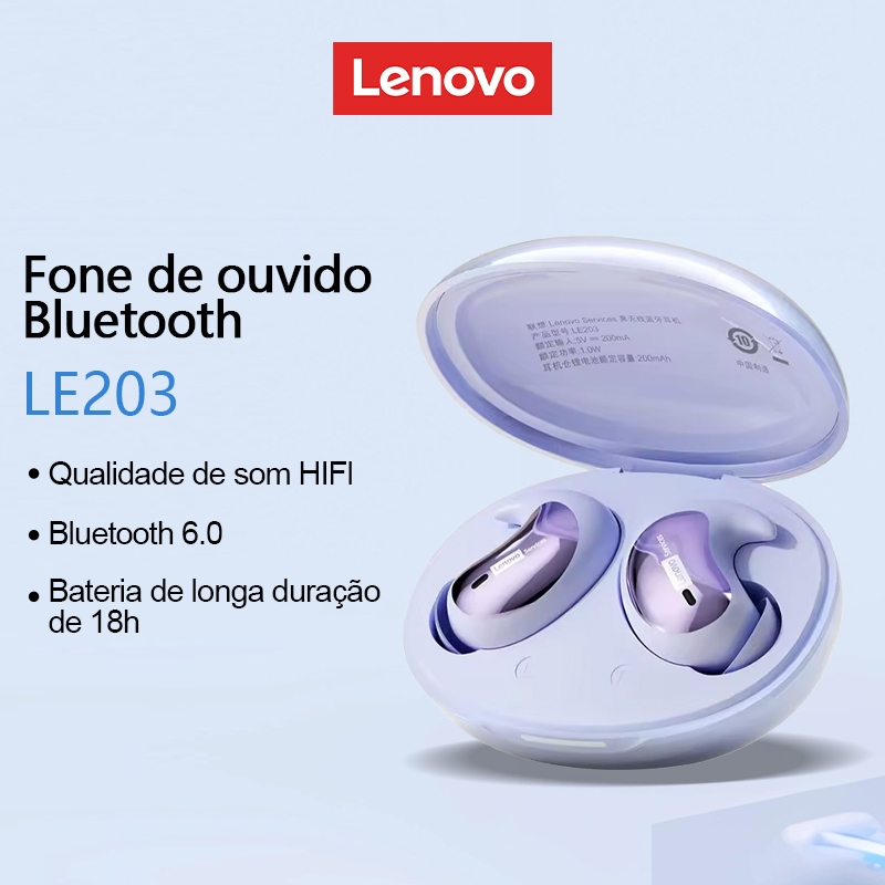 Lenovo LE203 Fone de Ouvido Bluetooth com 18H de Reprodução, Design Lateral para Dormir, Headset à Prova d'Água IPX5