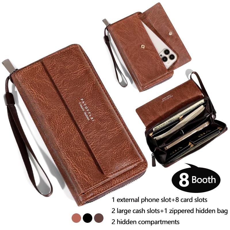 Carteira Longa Com Zíper De Camada Dupla , Capa Masculina Para Celular De Grande Capacidade Em PU