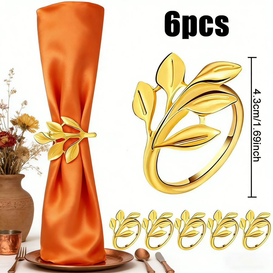 Jogo de 6 Arames para Guardanapo com Estampa de Folhas Douradas, Ideal para Decorar o Guardanapo de Natal na Mesa Posta